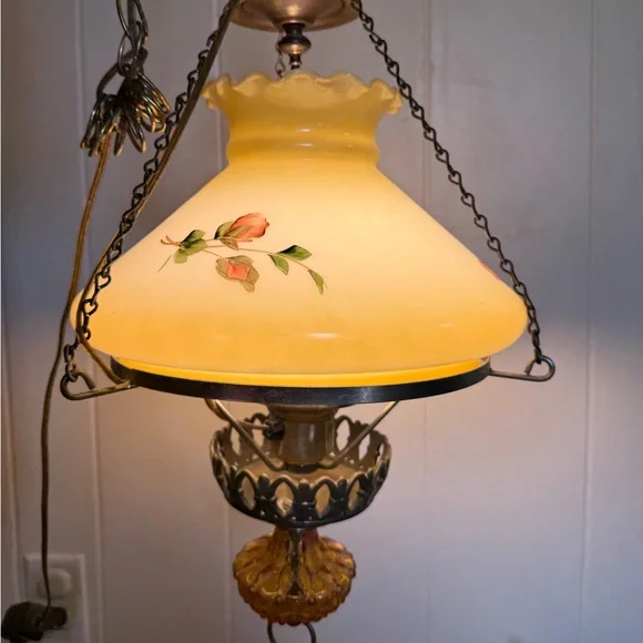 Vintage Swag Hanging Lamp Milk Glass Globe Light Hurricane Floral brass chain